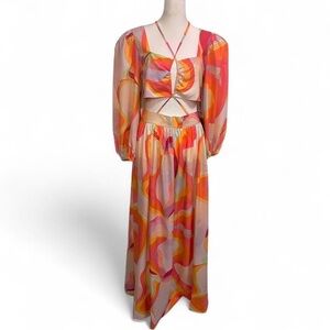 Retro Psychedelic Two Piece Set Maxi Skirt & Tie Front Crop Top NWT